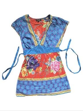Talie Vibrant Floral & Butterfly Print Boho Tunic Top - V-Neck, Tie Waist - S